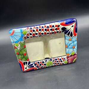 Mexican Pottery Picture Frame Hand Painted Colorful 2011 Floral Blue Red Mexico